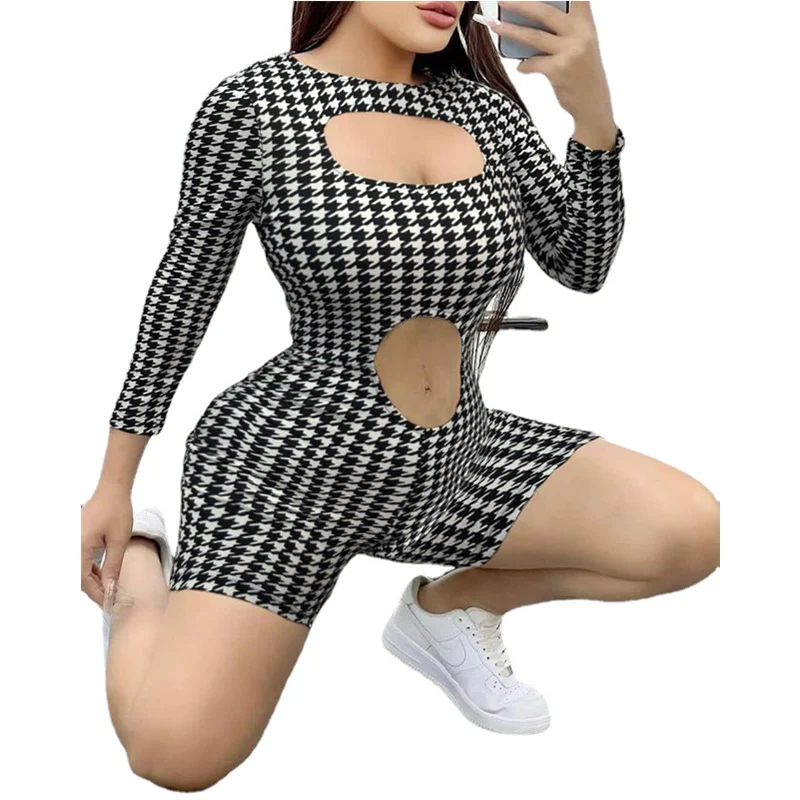 

Elegant Houndstooth Print Cutout Front Hollow Out Playsuit Romper Fashion Women Plaid Long Sleeve High Waist Corset Onepieces