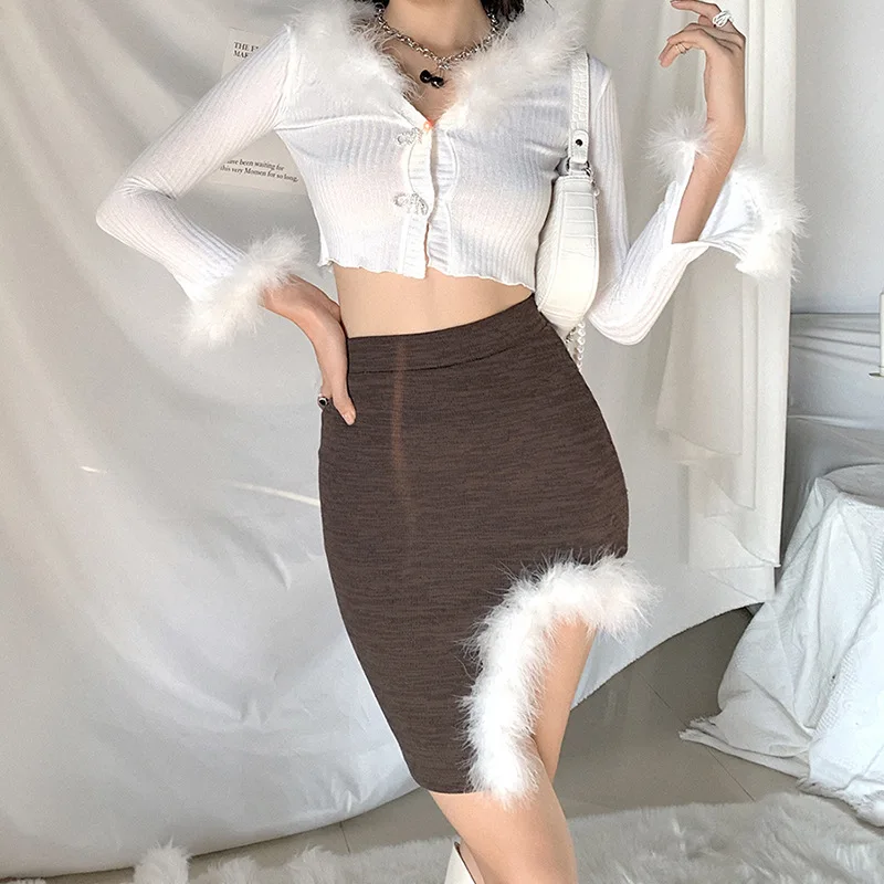 

Sexy Bodycon Furry Plush Clubwear 2021 New Spring Autumn Women's Skirts Slim High Waist Chic Irregular Slit Mini Skirt Korean