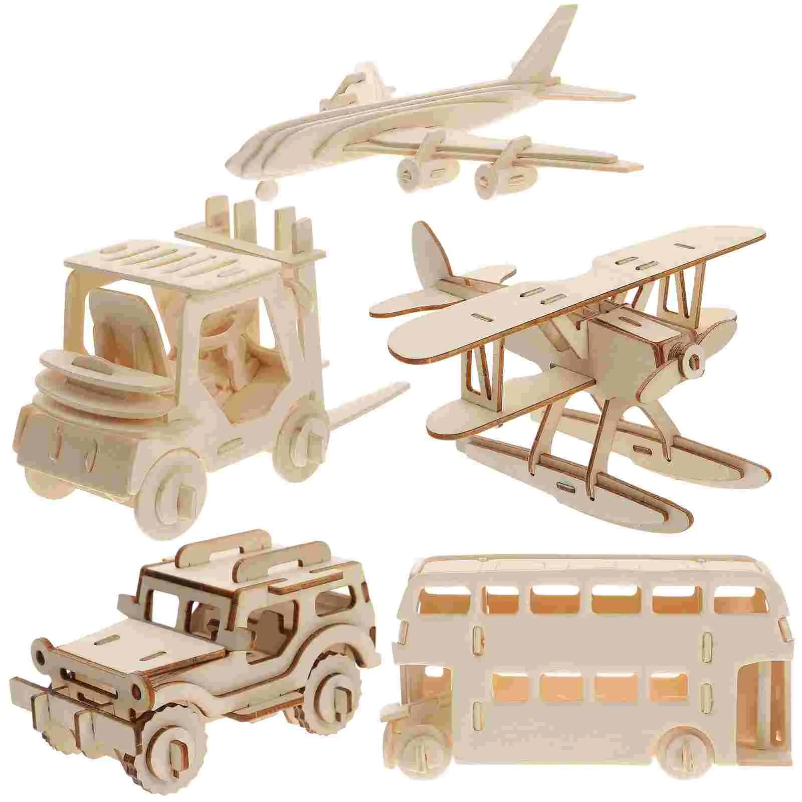 

5pcs 3D Wooden Airplane Model Jigsaw Puzzle DIY Handmade Craft Bus Car Forklift Assembly Handicraft Toys For Children