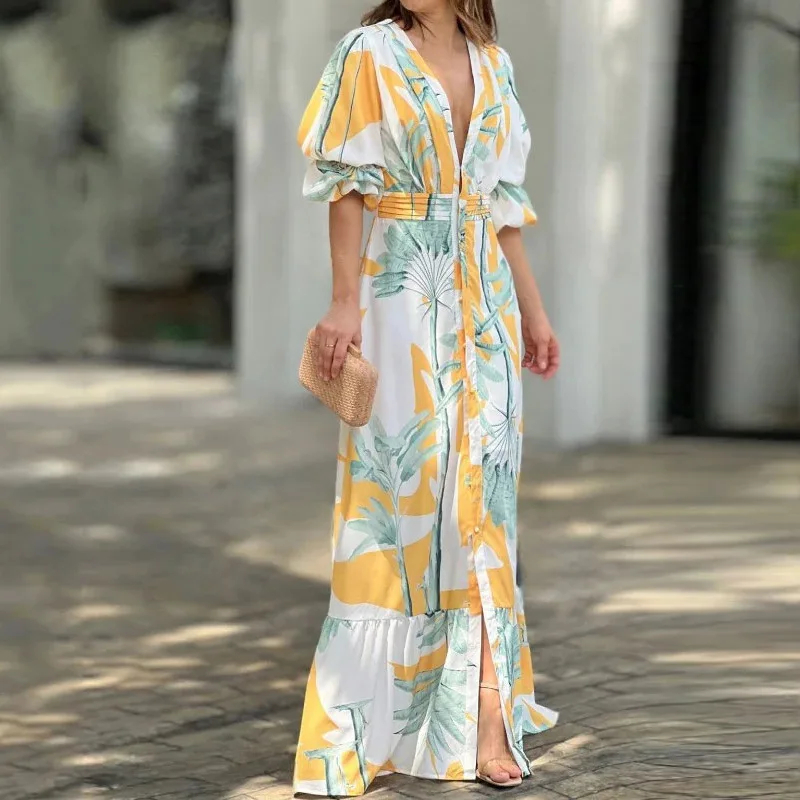 

Fuikio S-3XL Women's Bubble Sleeve Deep V-neck Low-cut Sexy Goddess Dress Temperament Commuting Fashion Long Skirt