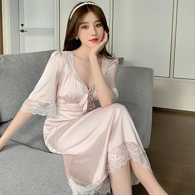 

Sleepdress Nightwear Elegant Women Pajama Set Thin Satin Night Dress Sleepwer Sexy Sweet French Style Ice Silk Pajama with Chest
