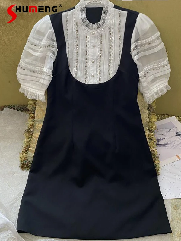 

2022 Summer New Women's Fashion Stand Collar Beads Rhinestones Short Dress Ladies Elegant Retro Short Sleeve Light Luxury Dress