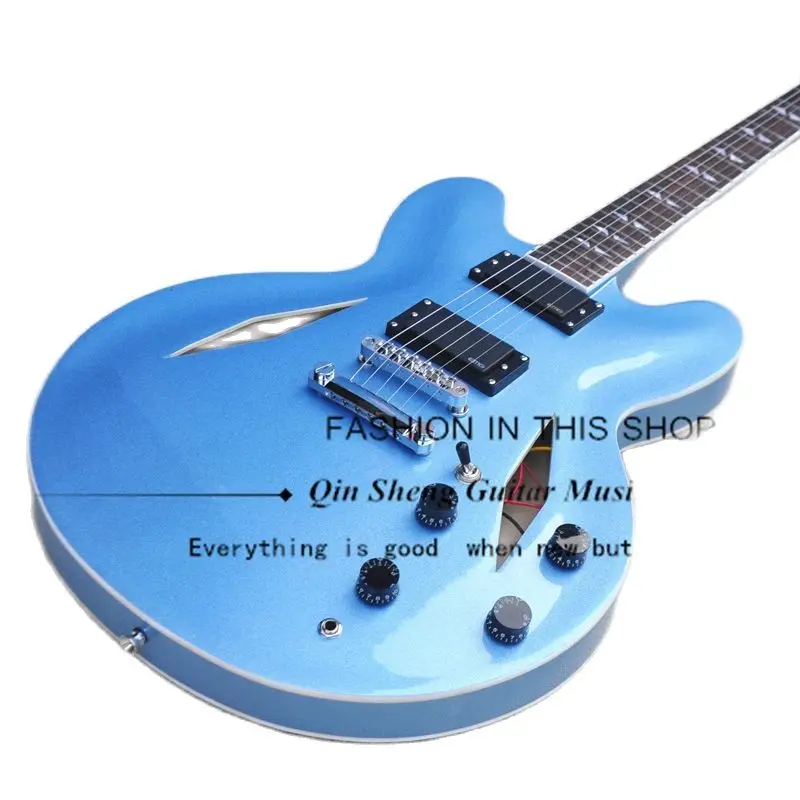 6-струнная электрическая гитара, металлическая синяя гитара DG 335 с полым корпусом, хромированная мостовая черная звукосниматель