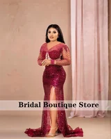 Sexy Rose Red Mermaid Evening Dresses 2022 Sheer Neck Beading Pearls Prom Dress Aso Ebi Wedding Gowns Luxury Robes De Soirée