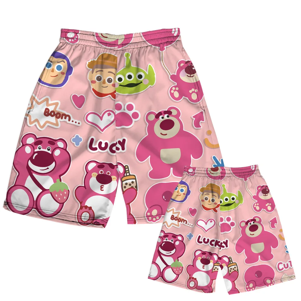 Kawaii Anime Toy Story3 Lotso Cartoon Strawberry Bear Print Shorts 2022 Summer Men Women Student Pink Couple Casual Hawaii Beach