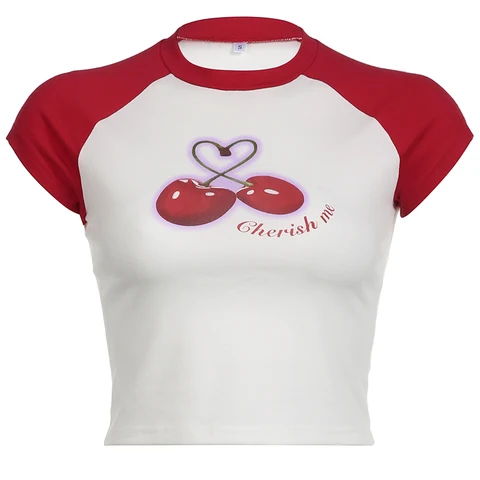 Футболка Darlingaga с коротким рукавом и графическим принтом вишни, женская футболка для малышей, футболка с рукавом реглан, контрастные корейские летние короткие топы, одежда