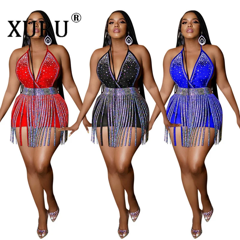 

XURU Sexy Nightclub Short Jumpsuit Straps V-neck Backless Jumpsuit with Hot Drill and Bright Cloth Jumpsuit