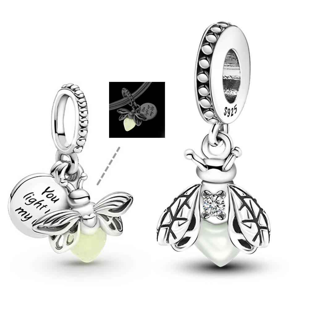 Sparkling Luminous Firefly 925 Sterling Silver Charm Fit Original Pandora 3mm Bracelet DIY Pendant & Necklace Beaded Set Gift