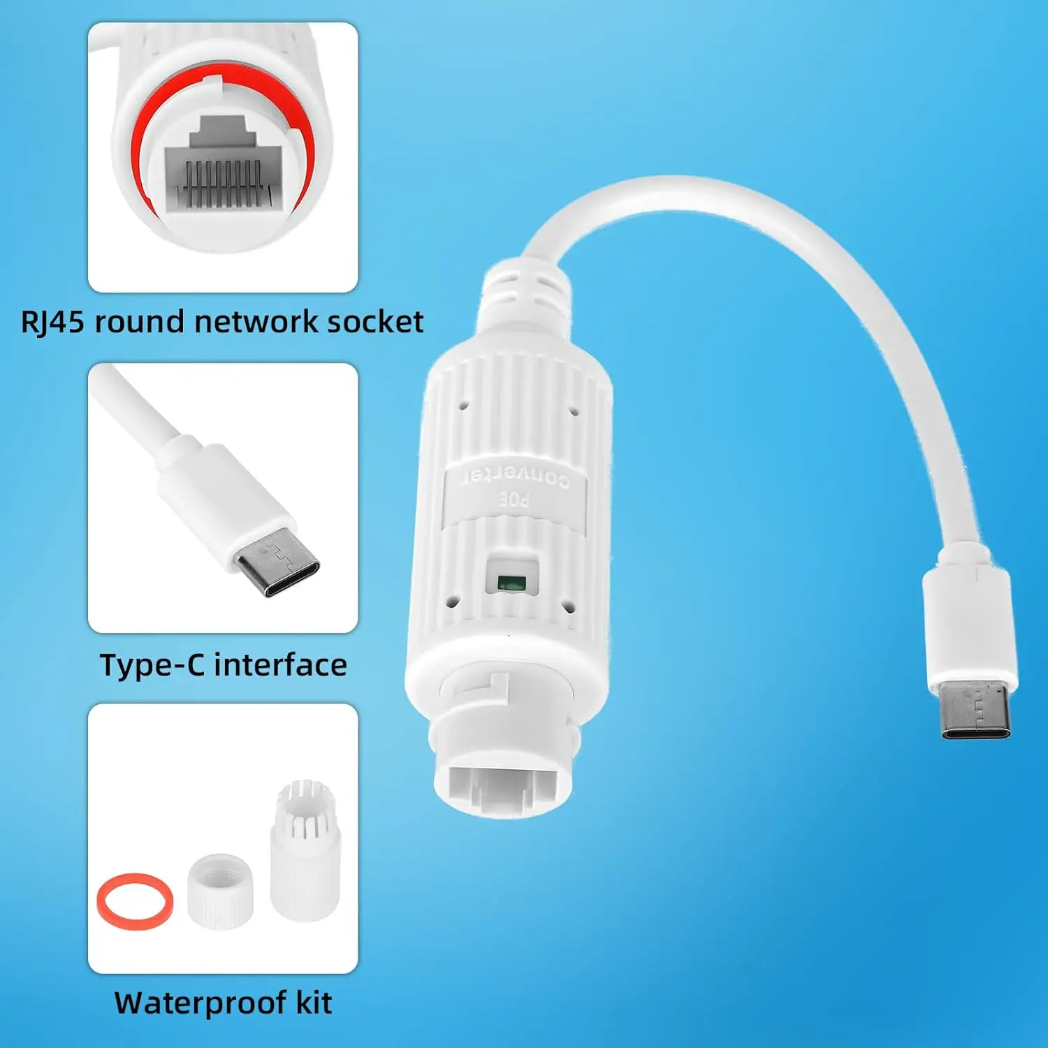 Фото Преобразователь питания POE в USB-C, водонепроницаемый, для наружного использования, с разъемом RJ45 (женский) на Type-C (мужской), адаптер для зарядки камер видеонаблюдения №1