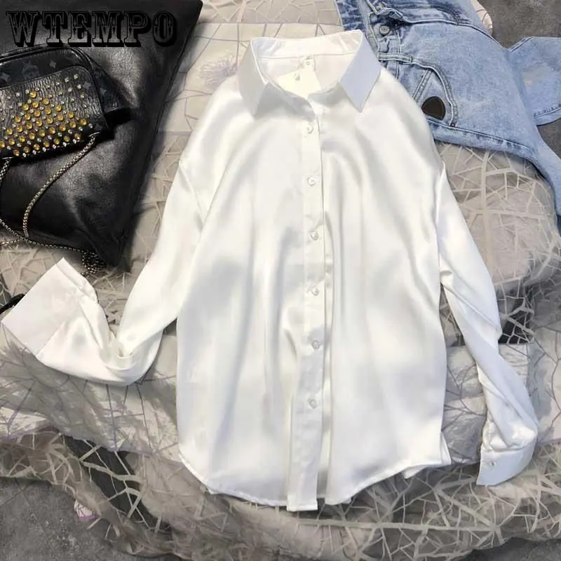 

WTEMPO Women Blouse Button Satin Silk Long-sleeved Shirt Vintage Solid Korean Fashion Loose Top Streetwear Shirt Drop Shipping
