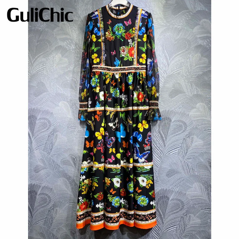 

7.28 GuliChic Women Fashion Design Colorful Butterfly Flower Print Stand Collar Rhinestone Beading Loose Temperament Long Dress