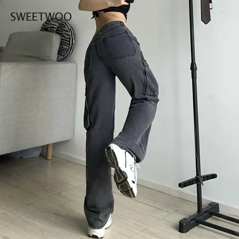 Women Y2K Cargo Jeans Big Pockets Vintage High Waisted Hippie Trousers Baggy Jeans New Korean Straight Sweatpants Emo Bottoms Bf