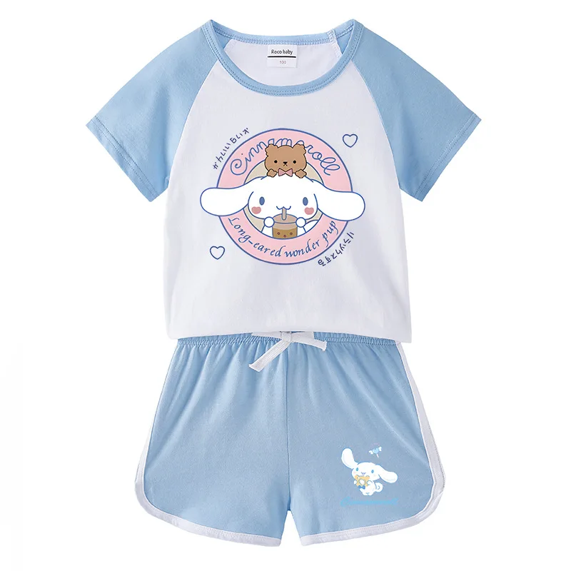 

Kawaii Sanrio Cinnamoroll Short Sleeved Shorts Set Children Leisure Sports Two-Piece Set Cute Girl Birthday Gift For Children