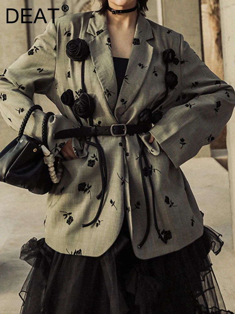 

Женский блейзер с отложным воротником DEAT, однобортный свободный пиджак с длинным рукавом и Флокированным принтом, осень 2022