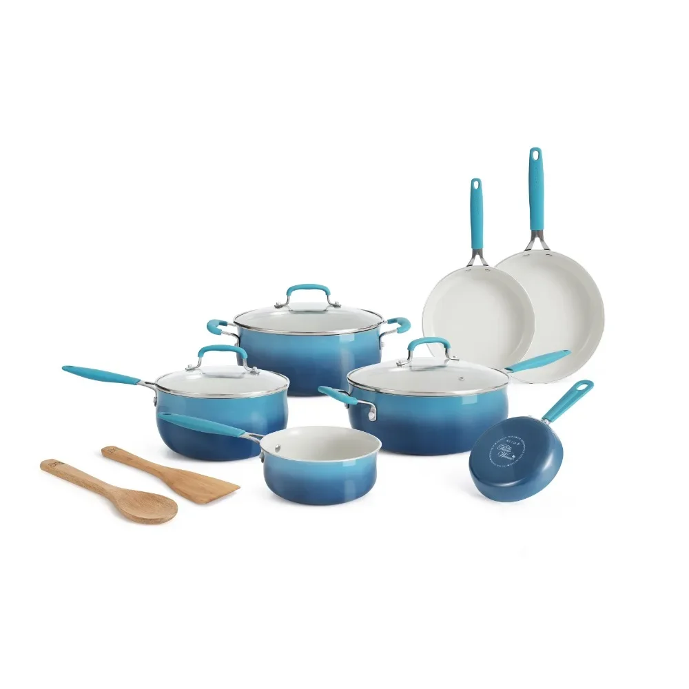 

The Pioneer Woman 12-Pieces Porcelain Enamel Classic Ceramic Cookware Set, Ombre Teal Cooking Pots Set