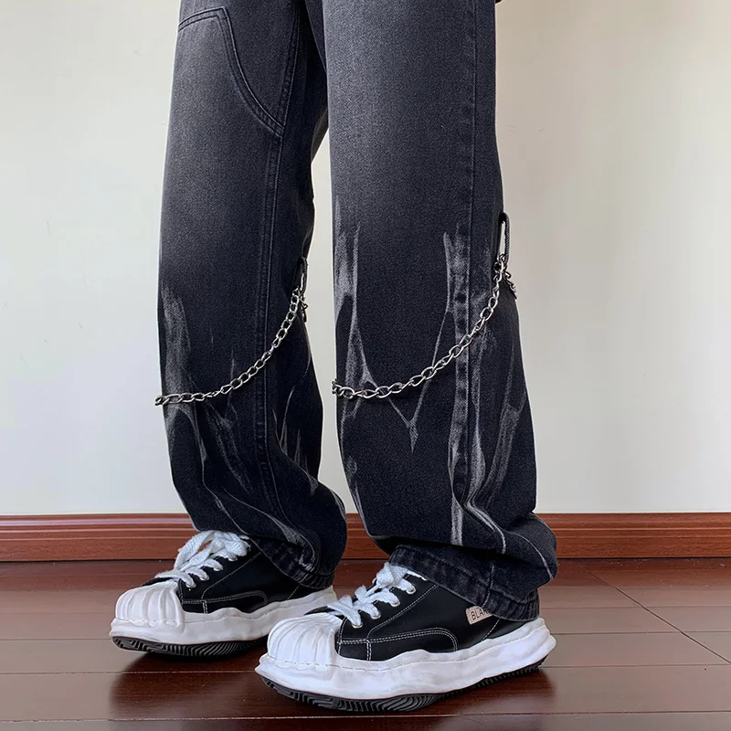 Y2k straight jeans men, retro brown rock hip-hop jeans men street wear casual wide leg denim trousers flame tie dye trousers images - 6