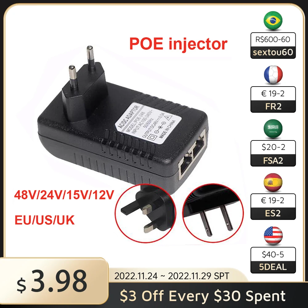 48V/12V POE injector Ethernet CCTV Power Adapter 0.5A /2A 24W POE for IP camera IP Phones POE Switch Power Adapter EU/US Option