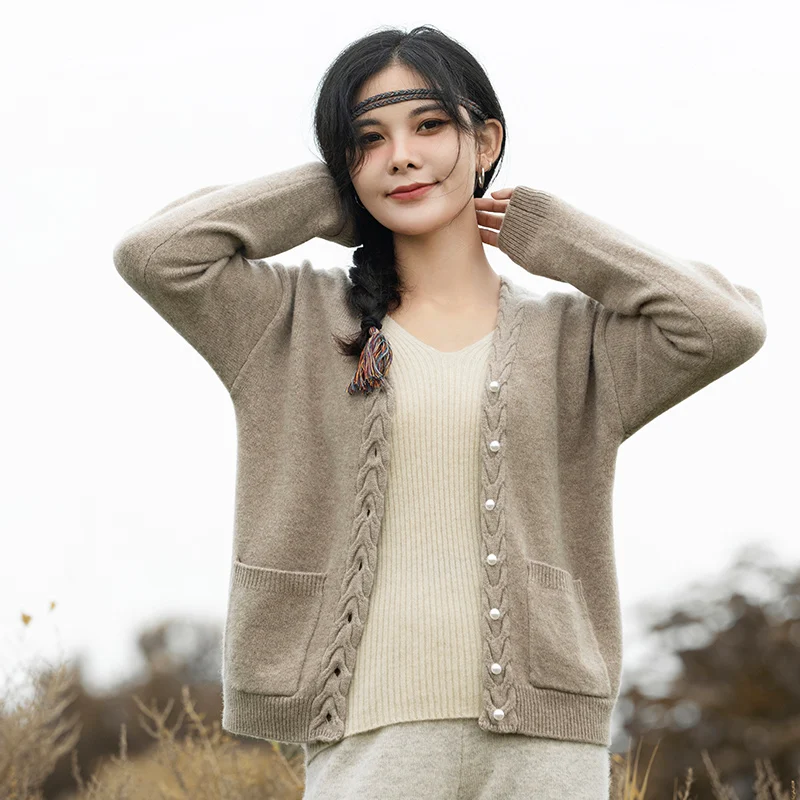 Autumn Winter New Women's V-neck Cardigan with Twisted Pearl Button Loose and Versatile Cardigan 100 Pure Wool Knitted Sweater