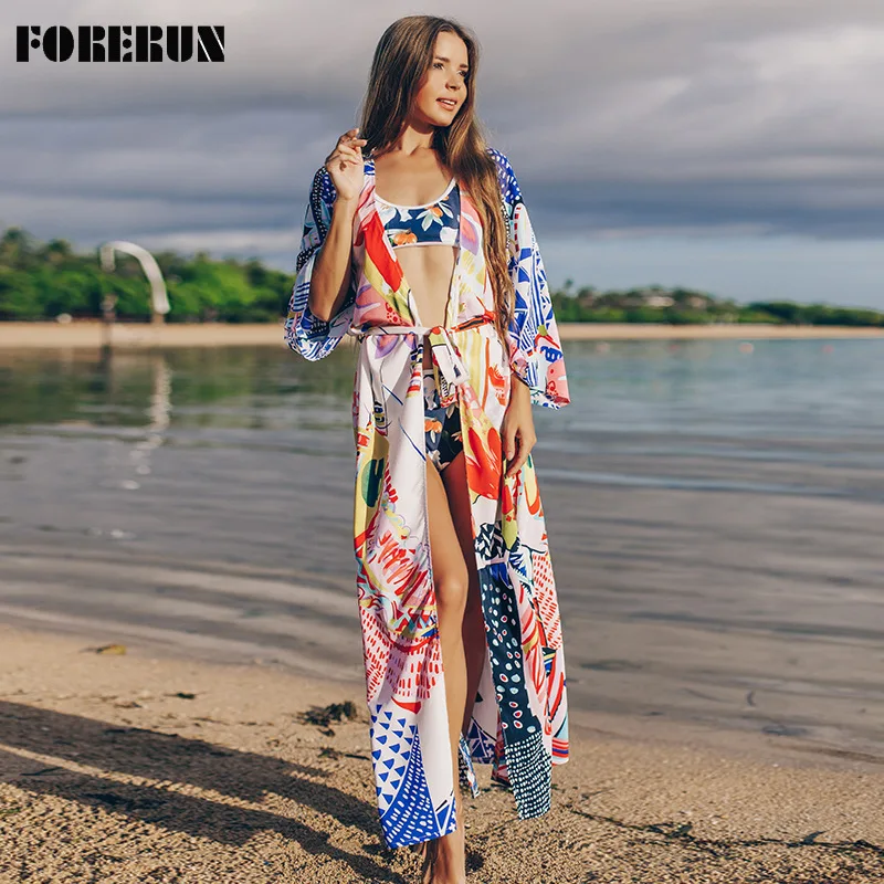 Женское богемное кимоно FORERUN длинный кардиган с принтом и поясом летняя пляжная