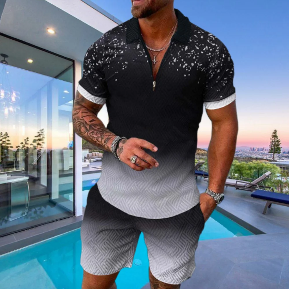 Tracksuit Polo Shirt 2 Piece Set Outfits Summer Luxury Men's Gradient Print Man Fashion Hawaiian Beach Vacation Short Sleeve