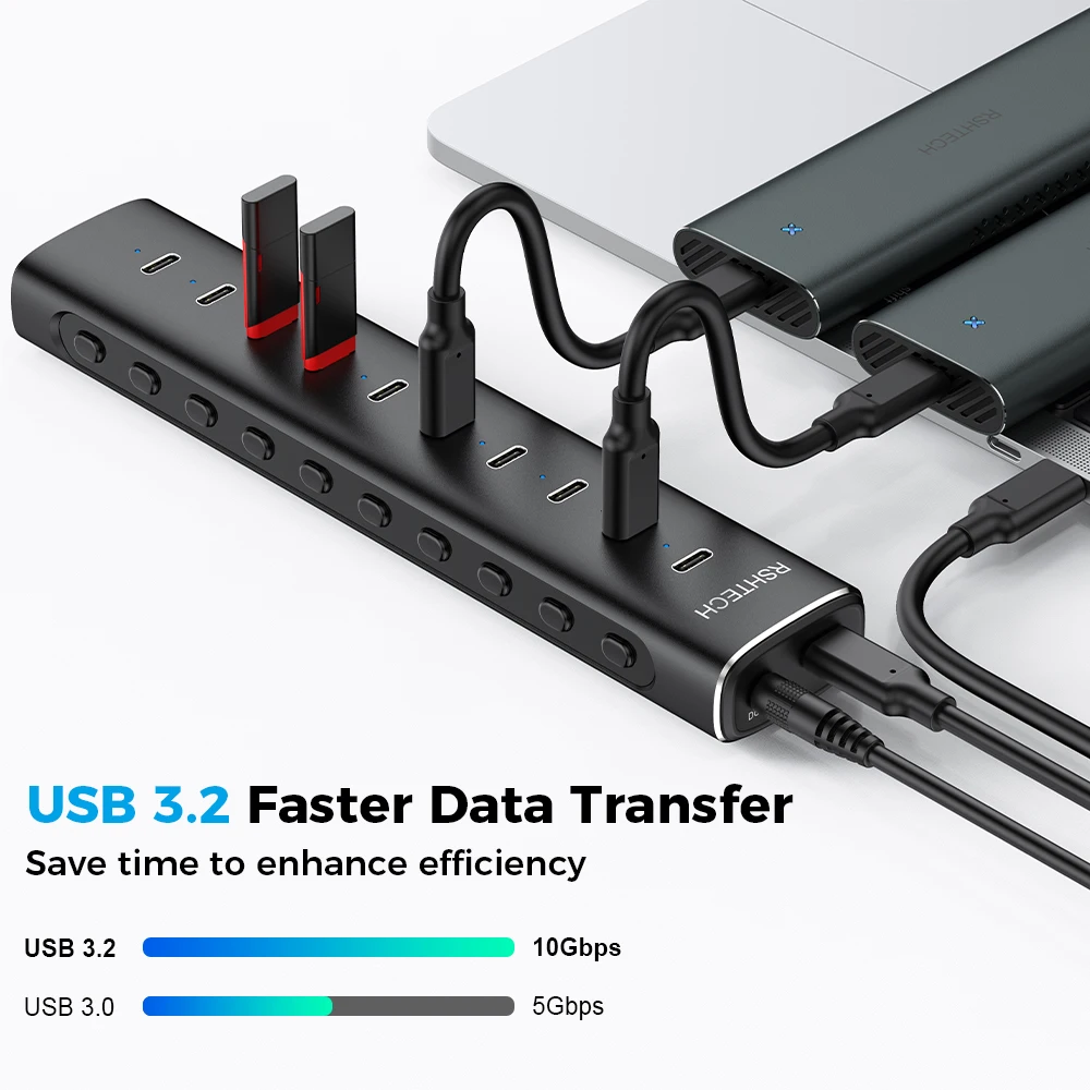 Фото RSHTECH 10-портовый USB 3.2 хаб Type-C с портами для передачи данных 10 Гбит/с и адаптером питания 12В/5А, алюминиевый USB-удлинитель для настольных ПК и ноутбуков №2