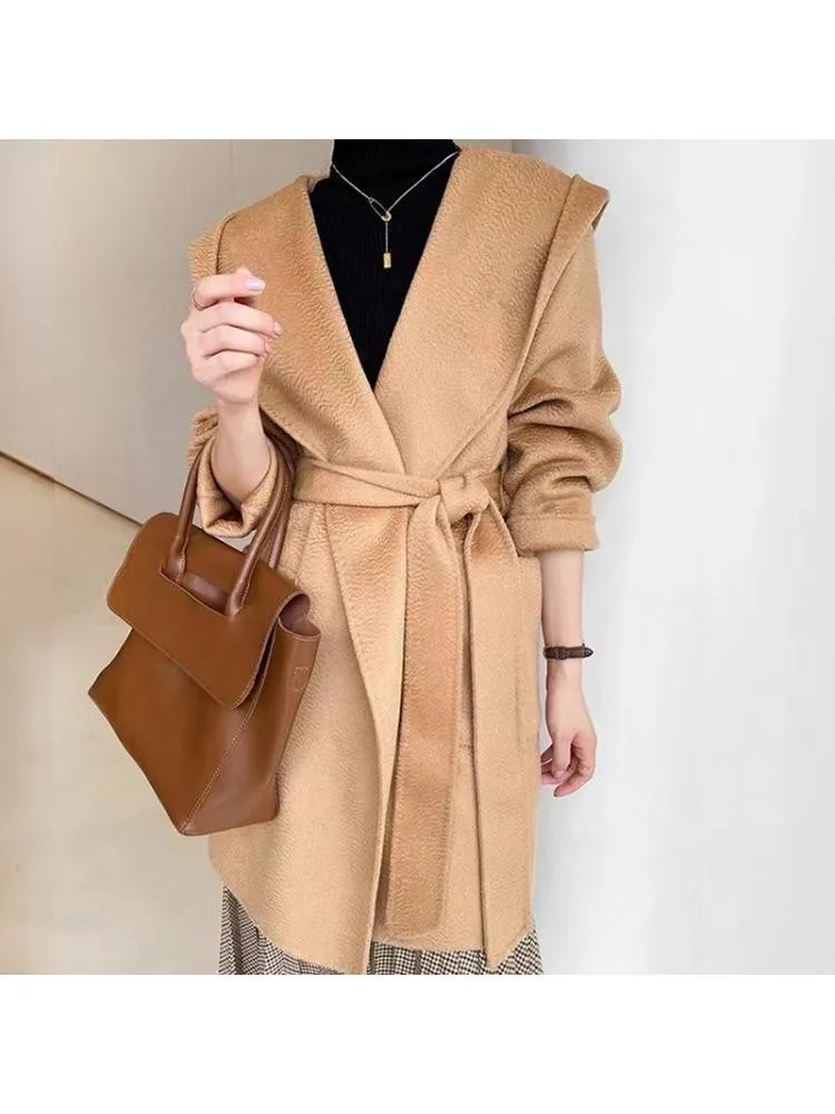 

2022 Autumn Water Ripple Double-Sided Long Woolen Overcoat Women Loose Bathrobe Style Lacing Belt Black 100% Wool Coat Jacket