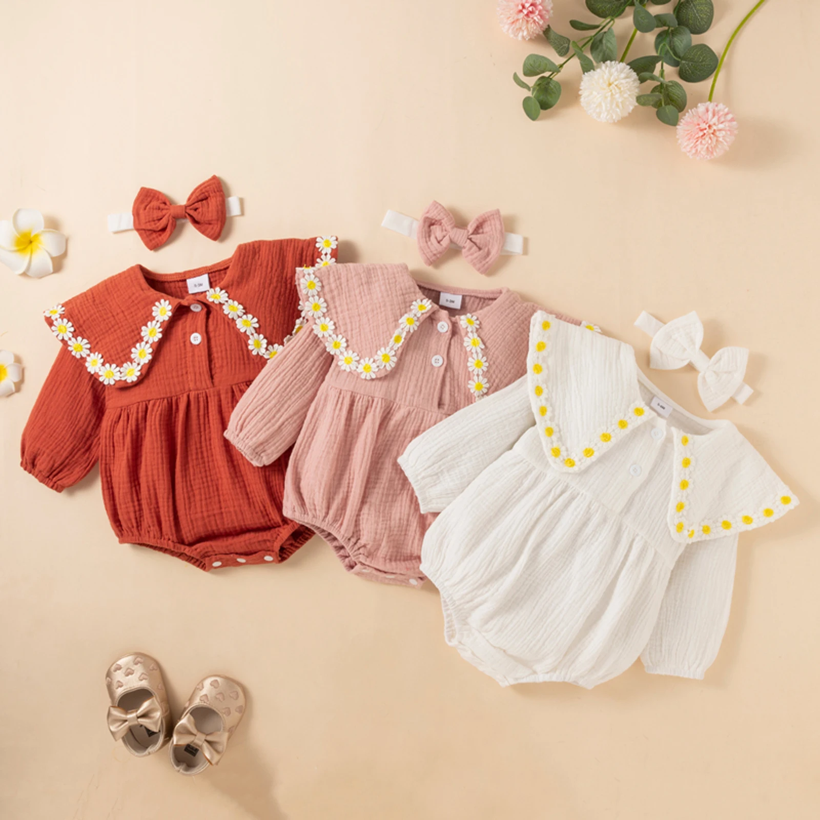 

Комбинезоны для новорожденных девочек, комбинезоны с цветочным принтом и рюшами на воротнике, хлопковые комбинезоны с длинным рукавом для ...