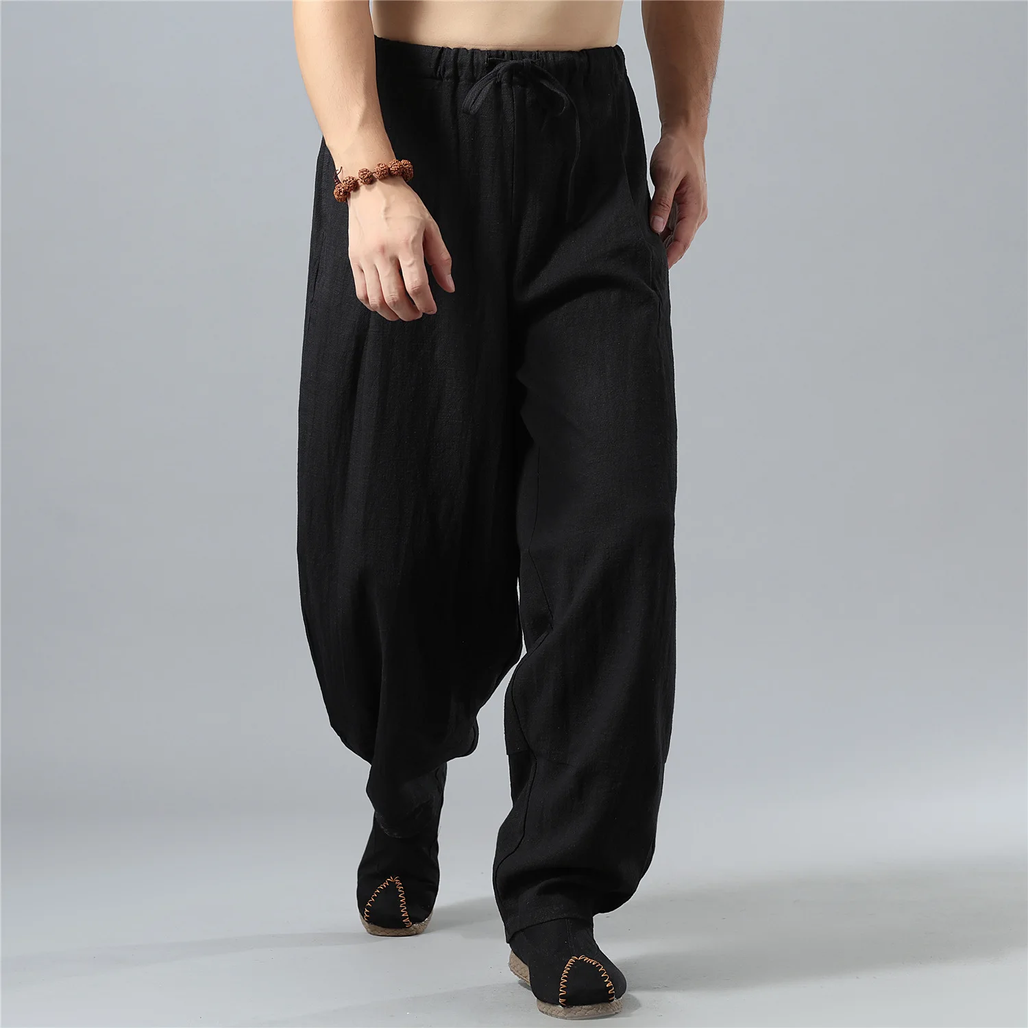 Chinese Traditional Men Tai Chi Kungfu Martial Arts Pant Cotton Linen Male Exercise Fitness Workout Casual Meditation Sweat Pant