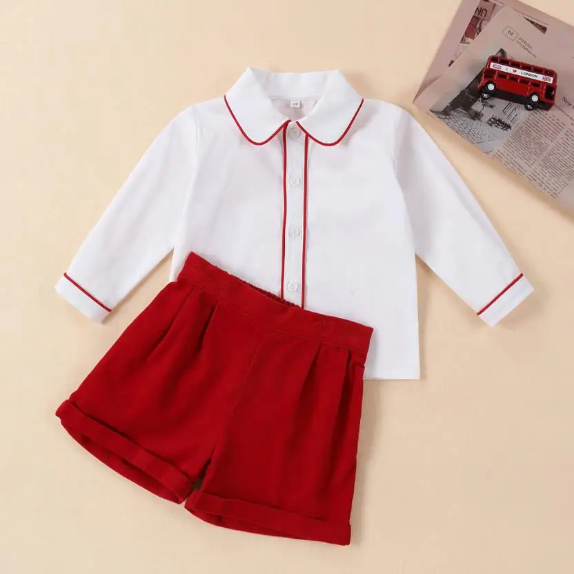 

2PCS Spanish Children's Boutique Clothing Baby Boys' Birthday Baptism Set Long Sleeve Shirt+Shorts Suits For Eid Christmas L1824