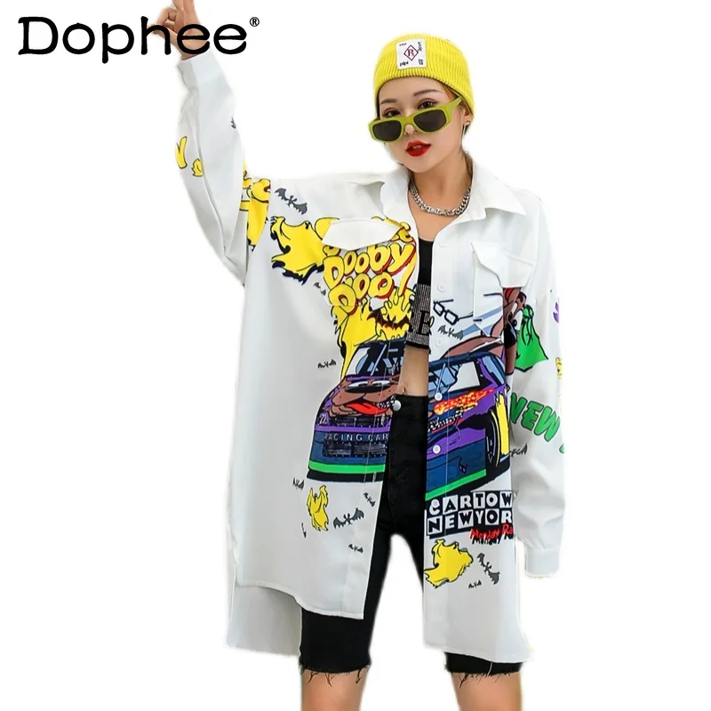 

2022 Summer Fashion New Shirt Cartoon Chic Printed Blouse Women's Mid-Length Loose Blusas Long Sleeve All-match Shirt