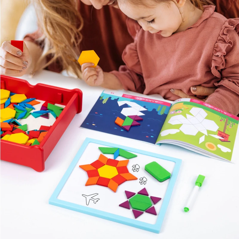 196Pcs Wooden Pattern Blocks Set Geometric Shape Puzzle Kindergarten ...