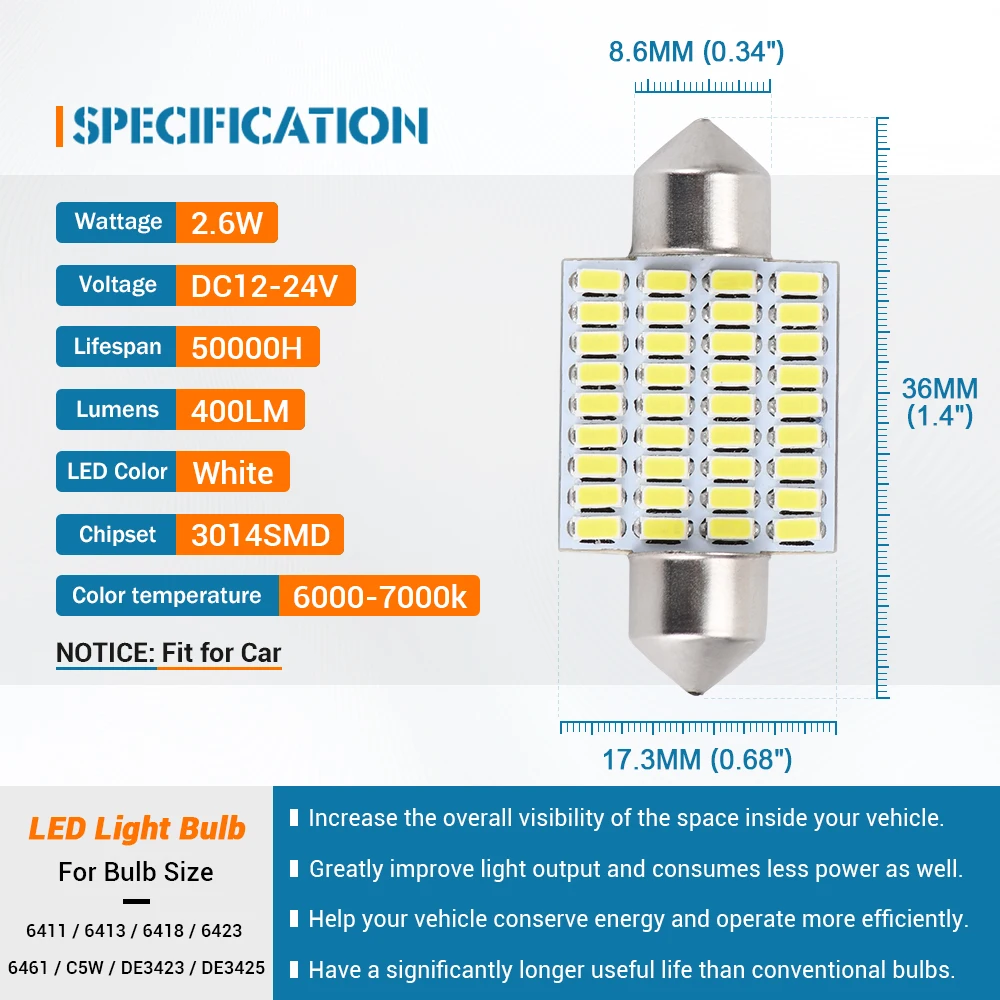 Светодиодный светильник 36 мм 6418 6411 C5W белый 6000K 3014 чипсет 1 шт. для салона
