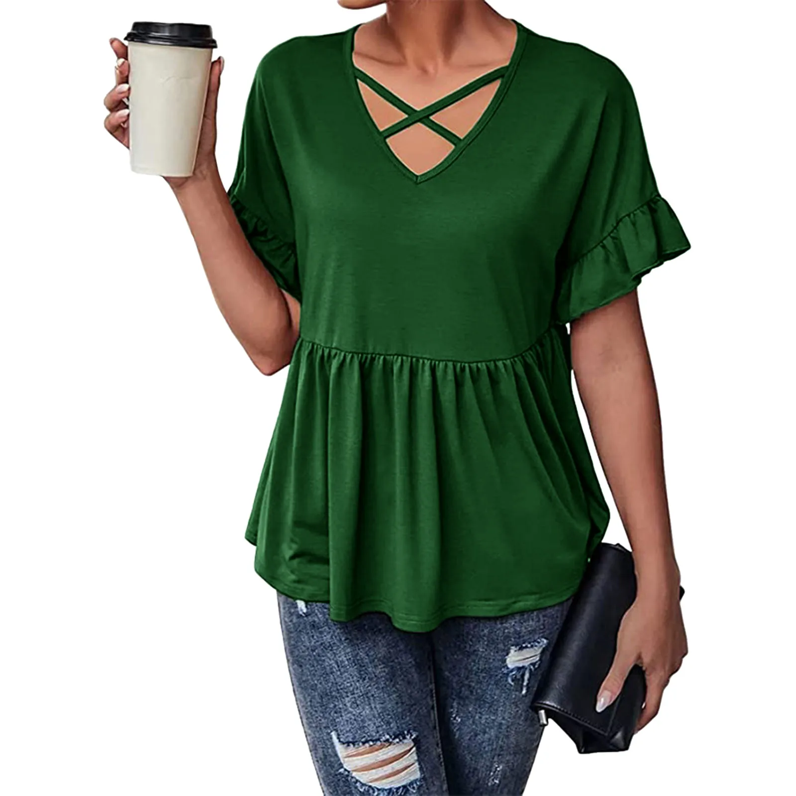 

Футболка женская летняя с коротким рукавом и V-образным вырезом