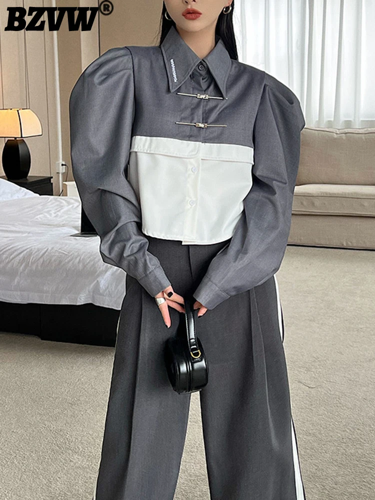 

BZVW Patchwork Contrast Color Vintage Shirts And Blouses For Women 2023 Autumn New Fashion Designer Short Shirt Female 25X01805