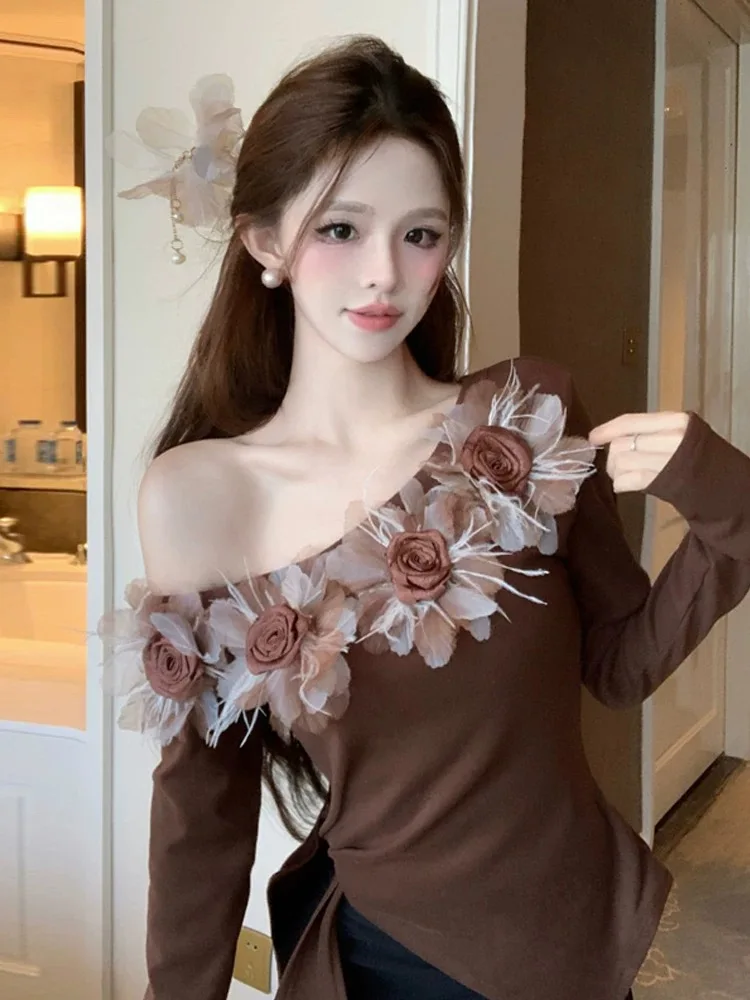 Топ с 3D цветком и косым вырезом блузка женские весенне-осенние рубашки милые топы