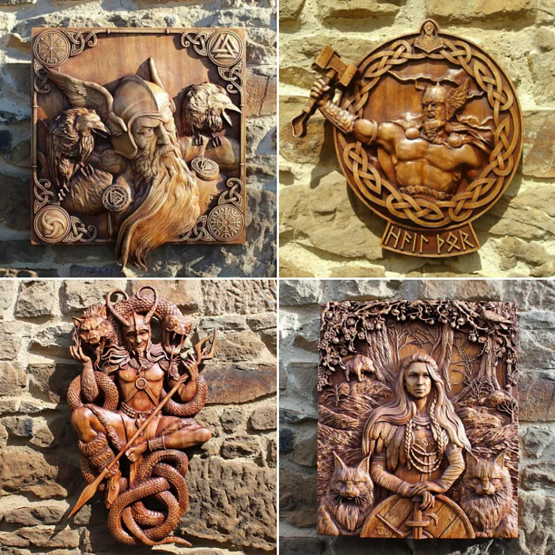 

Wall Sculptures Wood Odin Ravens Viking Mythology Icon Norse Thor Wood Pagan Gods Carving Wall Hanging Decor for Home Kitchen