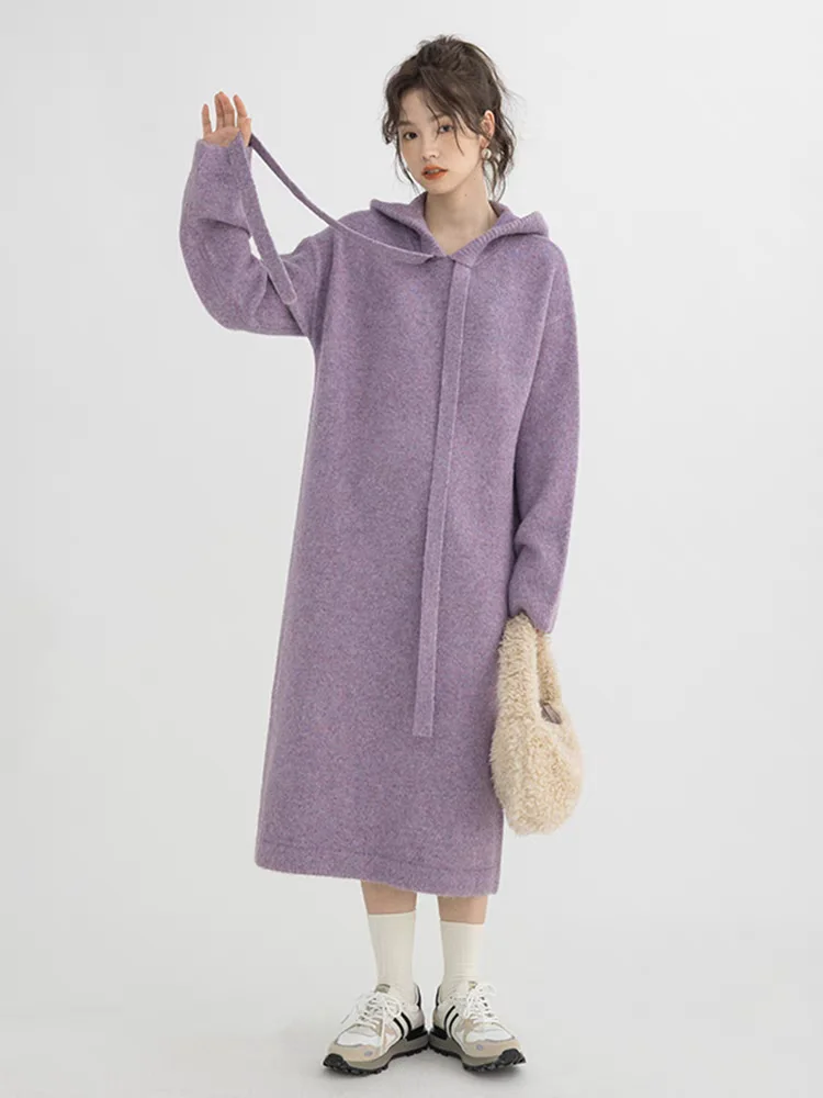 Gaganight женское серое трикотажное платье с капюшоном 2024 осенне-зимнее новое