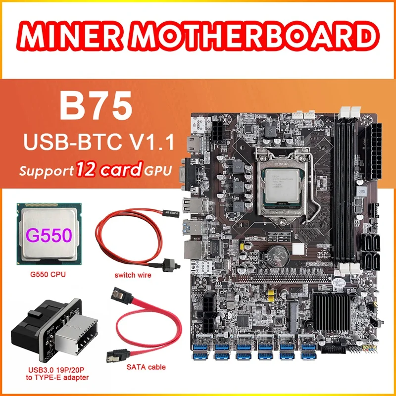 B75 12 Card BTC Mining Motherboard+G550 CPU+USB3.0 Adapter+SATA Cable+Switch Line 12XUSB3.0 Slot LGA1155 DDR3 RAM MSATA