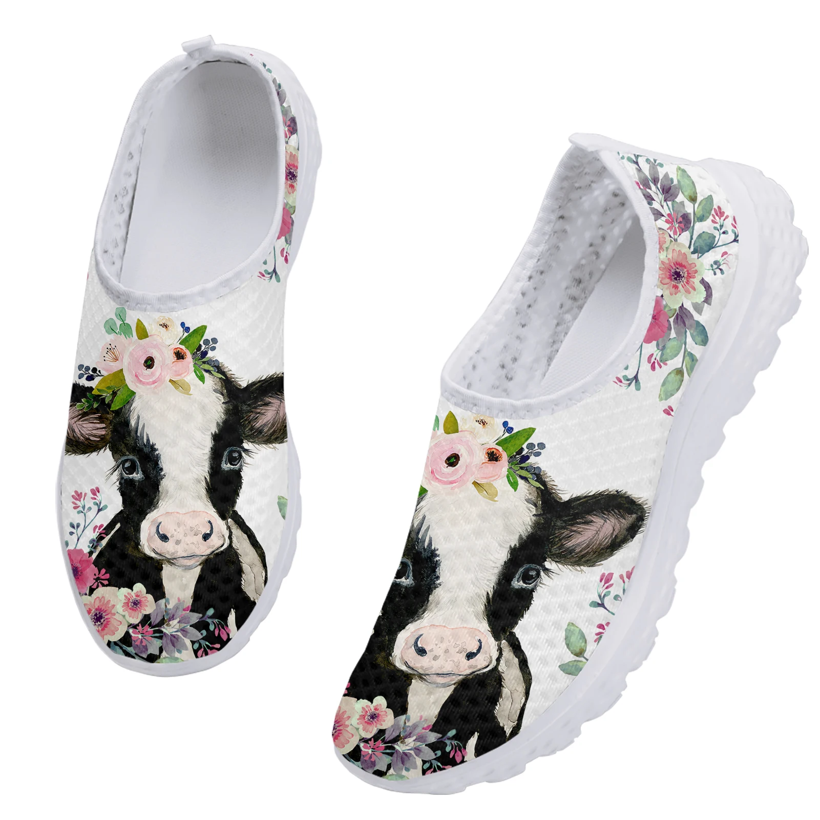 3D Cow Flower Design Casual Non-slip Shoes Summer Comfortable Lightweight Slip On Outdoor Popular Mesh Sneakers Zapatos Mujer