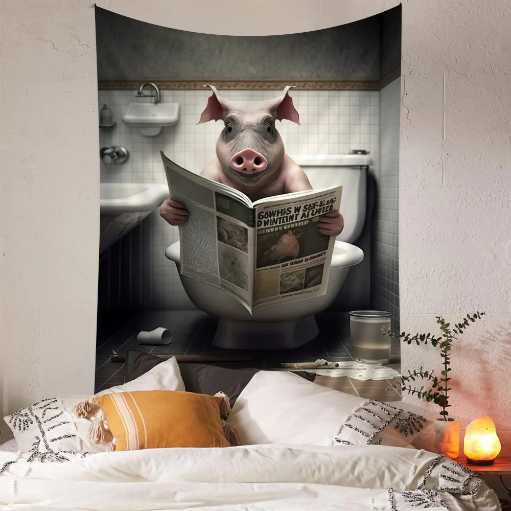 Забавная ванная комната юмористическое животное сидящее на туалете чтение