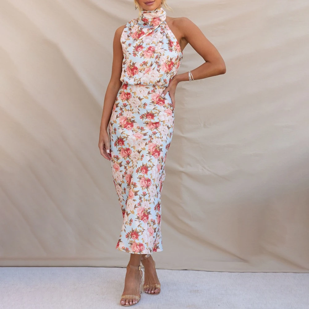 

Satin Print Dress for Women High Waisted Neck Mounted Sleeveless Spring Summer Dresses 2023 Sexy Bodycon Bandage Dress