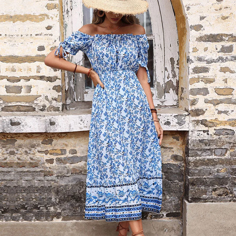 

New European and American Waist Slim Mid-Length Dress Vintage Printed High Waist off-Shoulder Dress