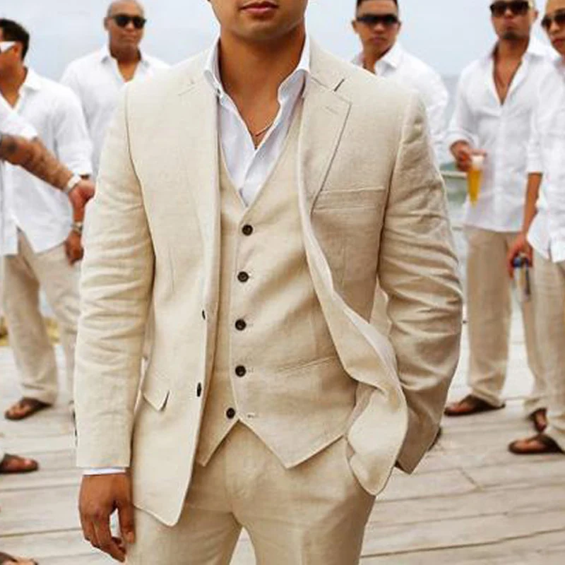 

3-Piece Linen Summer Men Suits for Wedding Groom Tuxedos Casual Beach Custom Made Blazer Sets Jacket+Vest+Pants Fashion