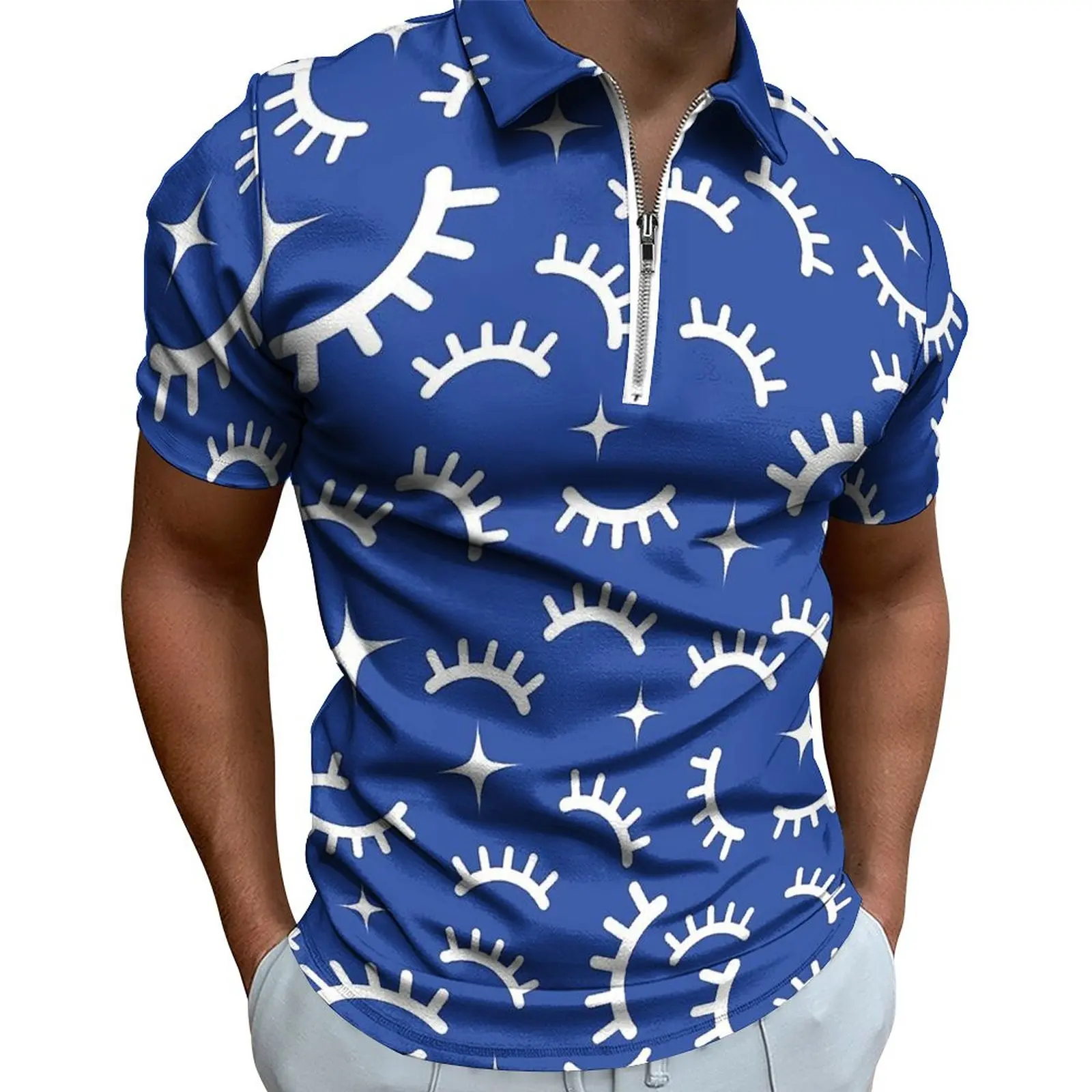 

Cartoon Eyelashes Polo Shirt Men Blue And White Casual Shirt Date Trending Zipper T-Shirts Short Sleeves Pattern Oversize Tops