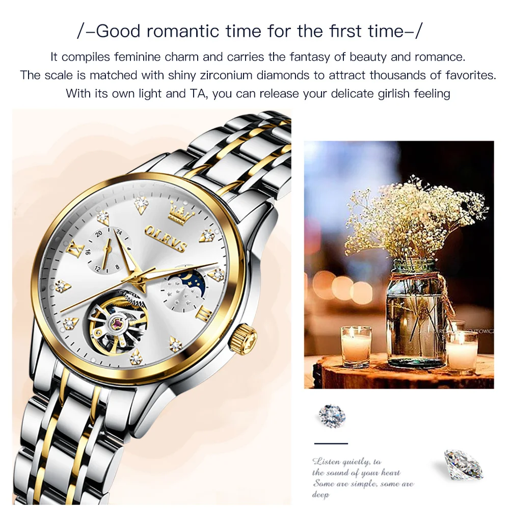 OLEVS6608 Женские роскошные механические наручные часы ударопрочные светящиеся