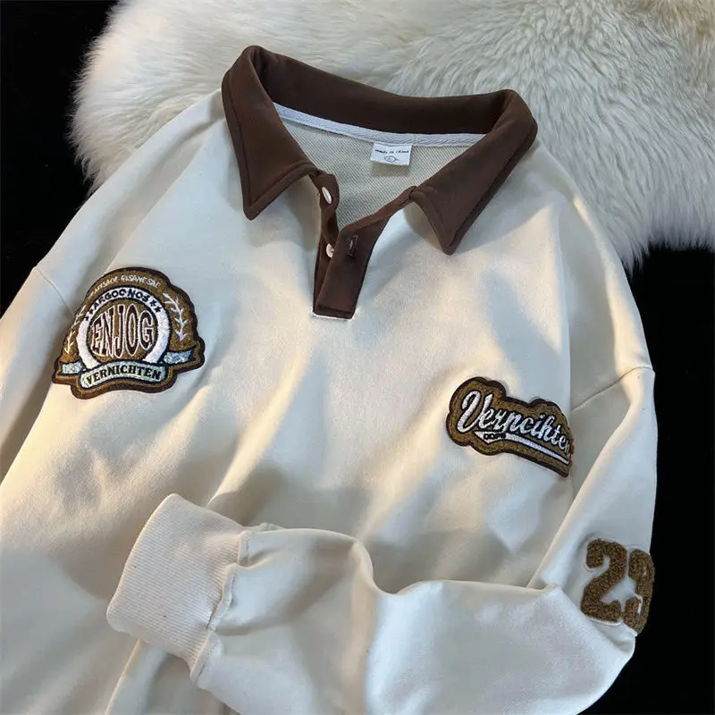

Vintage Polo Shirt Streetwear Women Sweatshirt Long Sleeve Pullovers Oversized Hoodie Letter Embroidery Autumn 2022 American Top