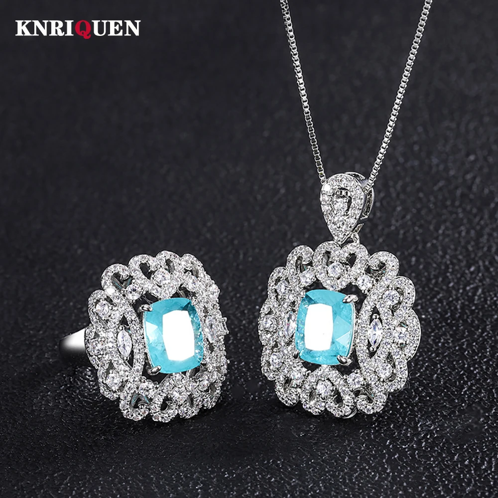 

2022 Trend 925 Sterling Silver 8*10mm Paraiba Tourmaline Pendant Necklace Rings for Women Lab Diamond Wedding Jewelry Sets Gift