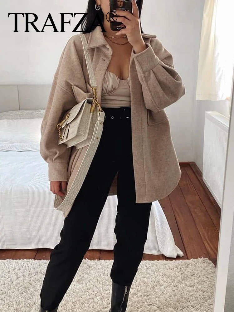 

TRAF ZA 2023 Women Fashion Solid Color Long Sleeve Lapel Casual Commuter Coat Female Pocket Button Decorate Street Slim Overcoat