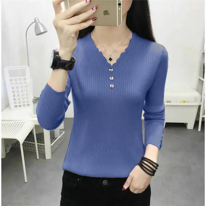 

BlueGirl OL Button Vest Pullover Low V Collar Sweater Women's T-shirt Sweaters Women Girl Pull Slim Top Cloth Shirt Clothes