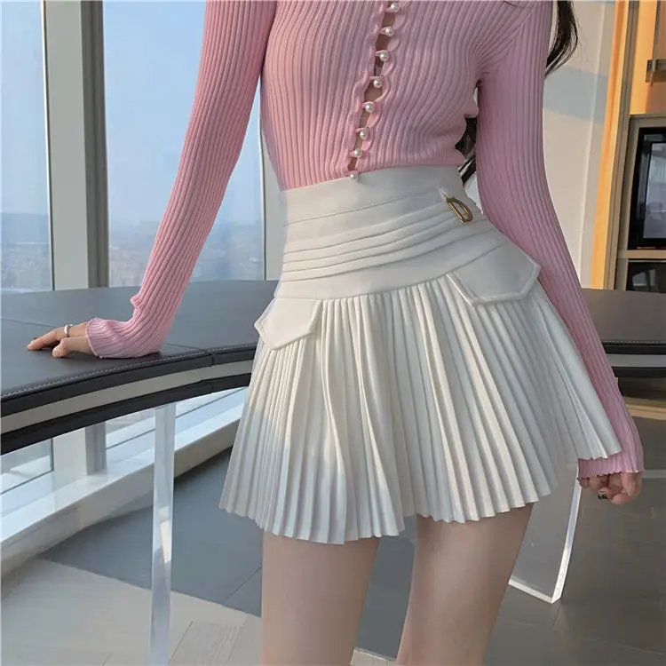 

White Pleated Skirts Women High Waist Mini Skirt Metal Letter D Design A-Line Clubwear Korean Sexy Streetwear Show Solid Casual